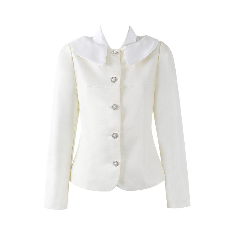 Eye-Catching Multi-Tier Ruffle Hem Label Collar A-Line Mini Skirt Romantic Ivory Long Sleeve Top Two Piece Pearl Button Short Dress AP6555