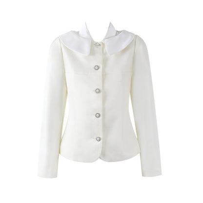 Eye-Catching Multi-Tier Ruffle Hem Label Collar A-Line Mini Skirt Romantic Ivory Long Sleeve Top Two Piece Pearl Button Short Dress AP6555