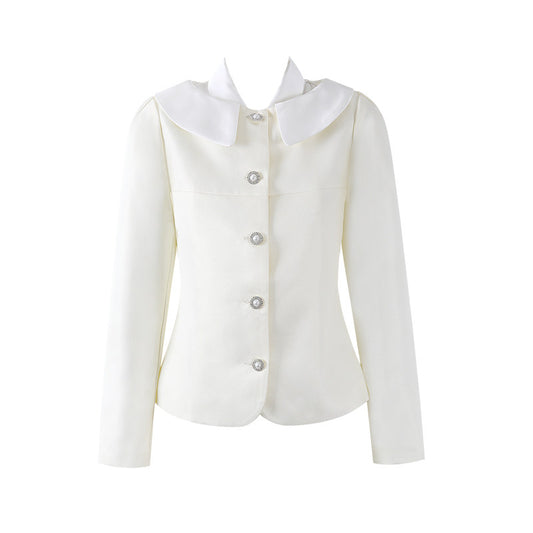 Eye-Catching Multi-Tier Ruffle Hem Label Collar A-Line Mini Skirt Romantic Ivory Long Sleeve Top Two Piece Pearl Button Short Dress AP6555