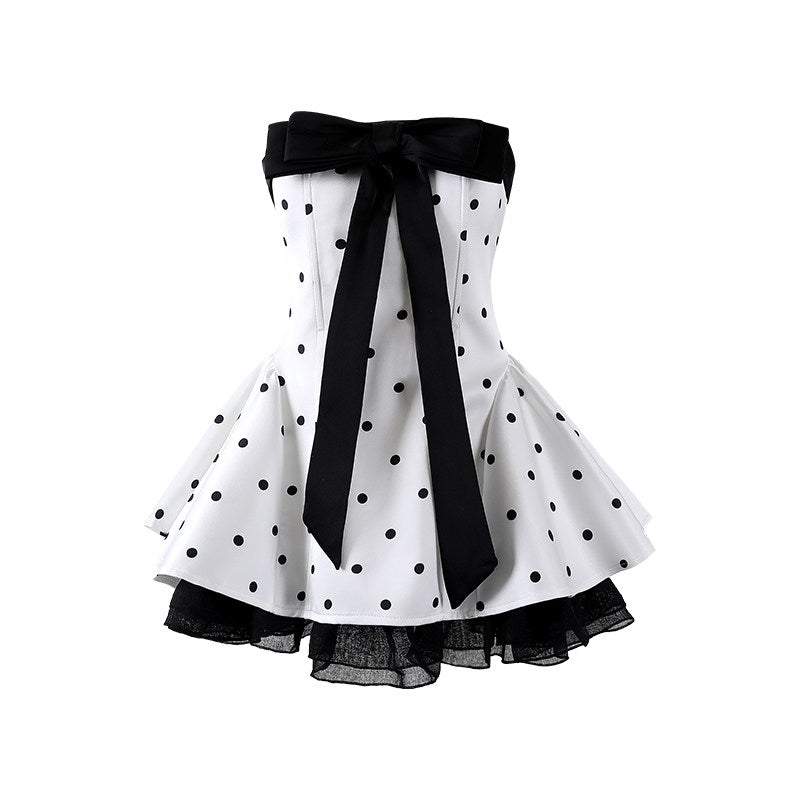Fresh Black Bow Tulle Ruffle A-Line Mini Skirt Playful White Strapless Polka Dot Short Dress AP6556