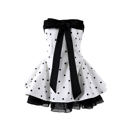 Fresh Black Bow Tulle Ruffle A-Line Mini Skirt Playful White Strapless Polka Dot Short Dress AP6556