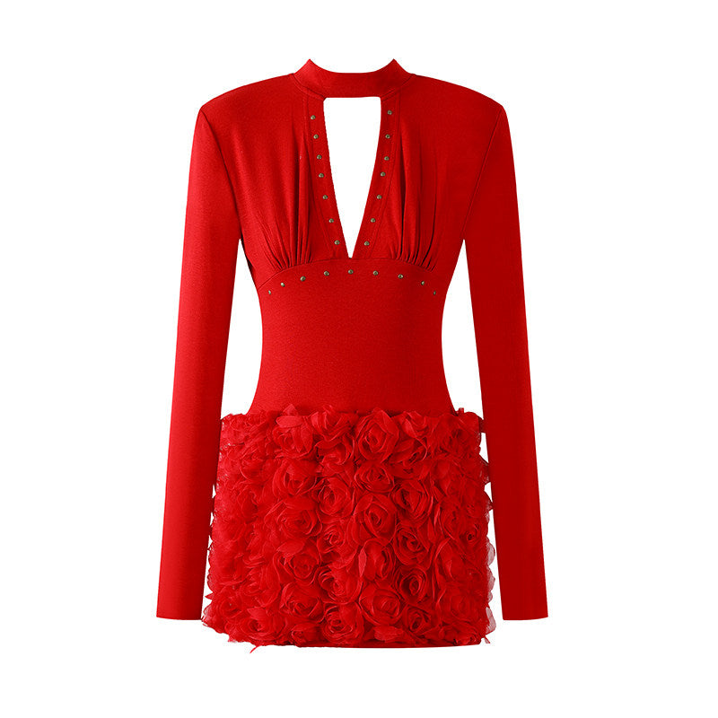 Sleek Plunge Keyhole Gold Rivet Ruched Bust Mini Skirt Sexy Mock Neck Long Sleeve Feather Sequin Fringe Hem Sheath Short Dress AP6557