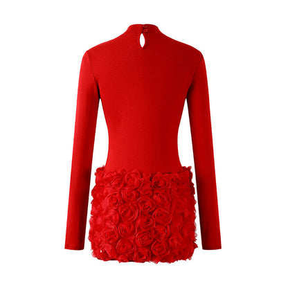 Sleek Plunge Keyhole Gold Rivet Ruched Bust Mini Skirt Sexy Mock Neck Long Sleeve Feather Sequin Fringe Hem Sheath Short Dress AP6557