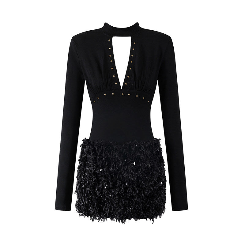 Sleek Plunge Keyhole Gold Rivet Ruched Bust Mini Skirt Sexy Mock Neck Long Sleeve Feather Sequin Fringe Hem Sheath Short Dress AP6557