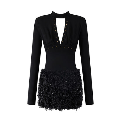 Sleek Plunge Keyhole Gold Rivet Ruched Bust Mini Skirt Sexy Mock Neck Long Sleeve Feather Sequin Fringe Hem Sheath Short Dress AP6557