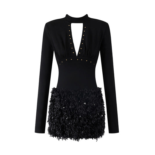 Sleek Plunge Keyhole Gold Rivet Ruched Bust Mini Skirt Sexy Mock Neck Long Sleeve Feather Sequin Fringe Hem Sheath Short Dress AP6557