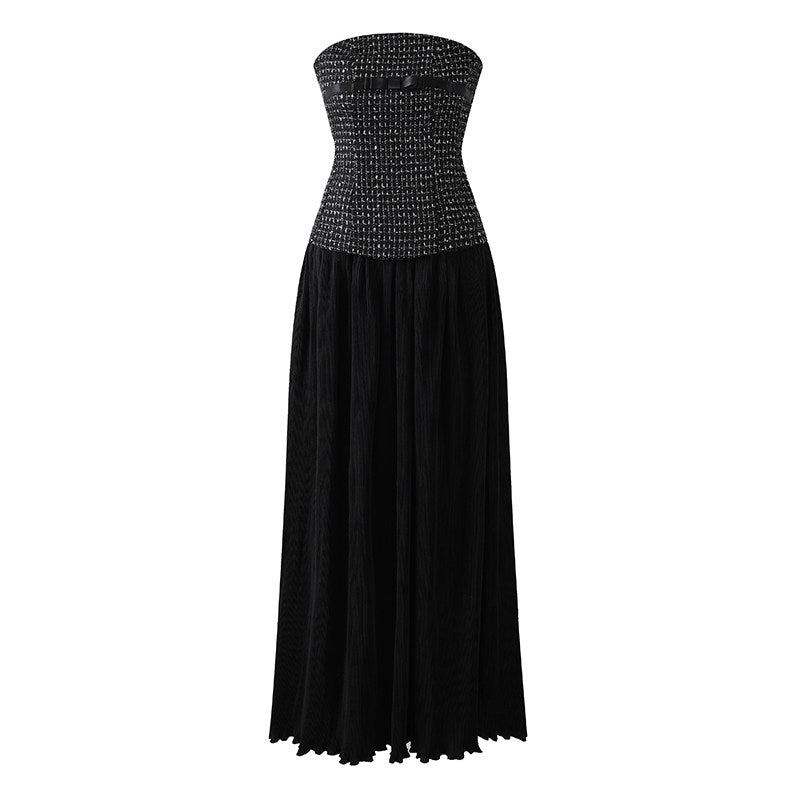 Dainty A-Line Tweed Top Satin Bow Maxi Dresses Chic Strapless Flowy Long Dress AP6558