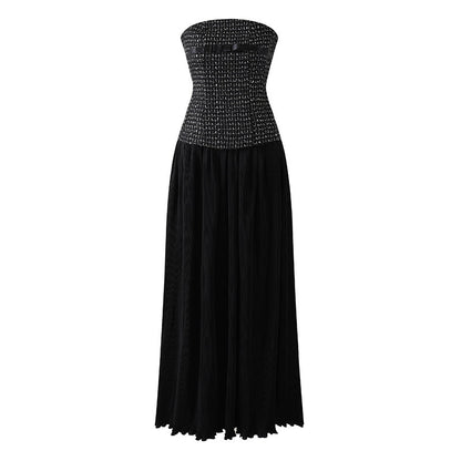 Dainty A-Line Tweed Top Satin Bow Maxi Dresses Chic Strapless Flowy Long Dress AP6558