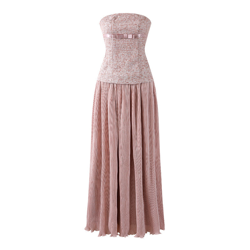 Dainty A-Line Tweed Top Satin Bow Maxi Dresses Chic Strapless Flowy Long Dress AP6558