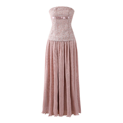 Dainty A-Line Tweed Top Satin Bow Maxi Dresses Chic Strapless Flowy Long Dress AP6558