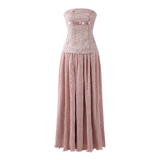 Dainty A-Line Tweed Top Satin Bow Maxi Dresses Chic Strapless Flowy Long Dress AP6558
