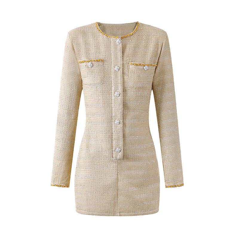 Cozy Chain Trim & Crystal Buttons Mini Skirt Chanel-Style Sparkly Tweed Sheath Short Dress AP6559