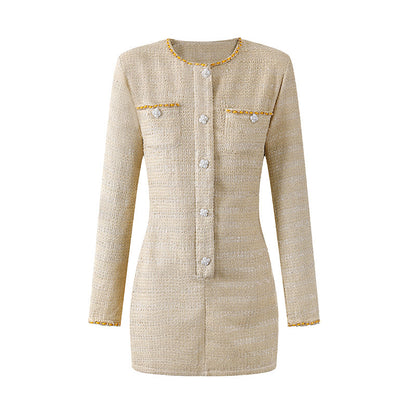 Cozy Chain Trim & Crystal Buttons Mini Skirt Chanel-Style Sparkly Tweed Sheath Short Dress AP6559