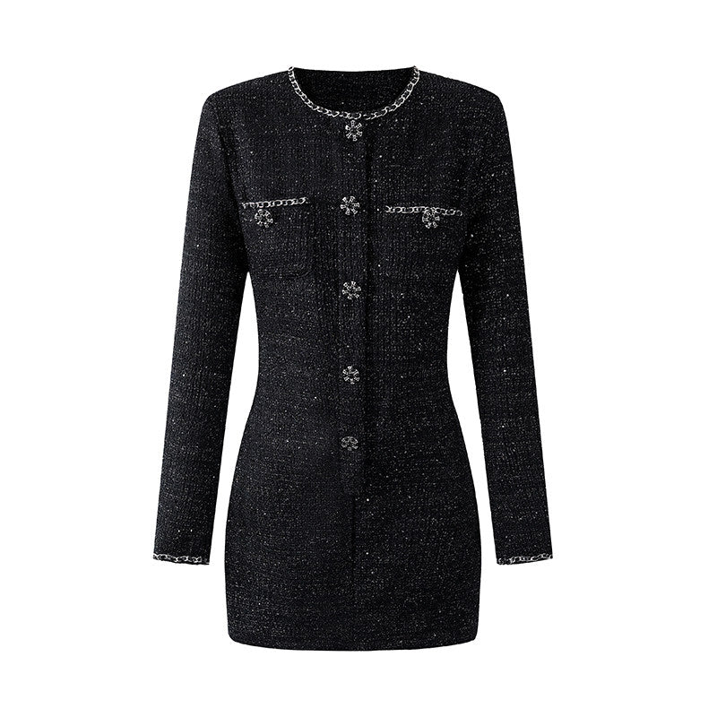 Cozy Chain Trim & Crystal Buttons Mini Skirt Chanel-Style Sparkly Tweed Sheath Short Dress AP6559