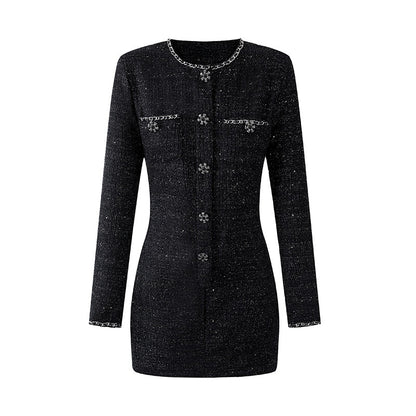 Cozy Chain Trim & Crystal Buttons Mini Skirt Chanel-Style Sparkly Tweed Sheath Short Dress AP6559