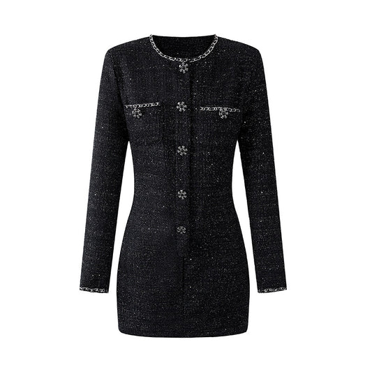 Cozy Chain Trim & Crystal Buttons Mini Skirt Chanel-Style Sparkly Tweed Sheath Short Dress AP6559