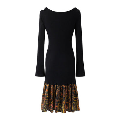Lustrous Tribal Print Ruffle Hem Bow & Floral Buttons Midi Skirt Bohemian Jewel Neck Black Ribbed A-Line Long Dress AP6560