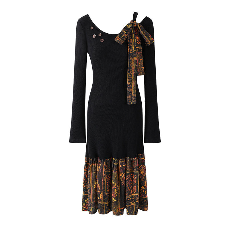 Lustrous Tribal Print Ruffle Hem Bow & Floral Buttons Midi Skirt Bohemian Jewel Neck Black Ribbed A-Line Long Dress AP6560