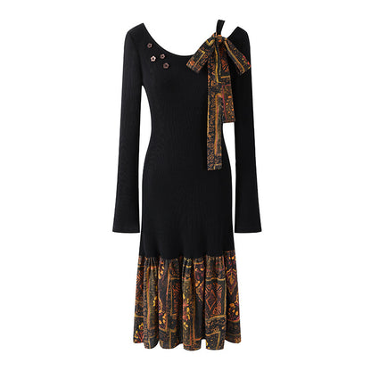Lustrous Tribal Print Ruffle Hem Bow & Floral Buttons Midi Skirt Bohemian Jewel Neck Black Ribbed A-Line Long Dress AP6560