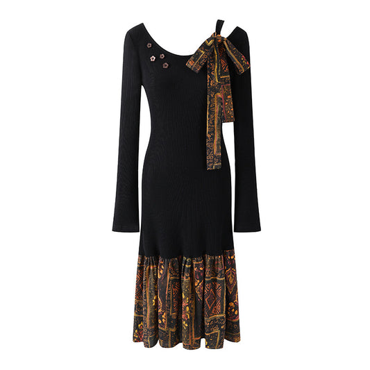 Lustrous Tribal Print Ruffle Hem Bow & Floral Buttons Midi Skirt Bohemian Jewel Neck Black Ribbed A-Line Long Dress AP6560