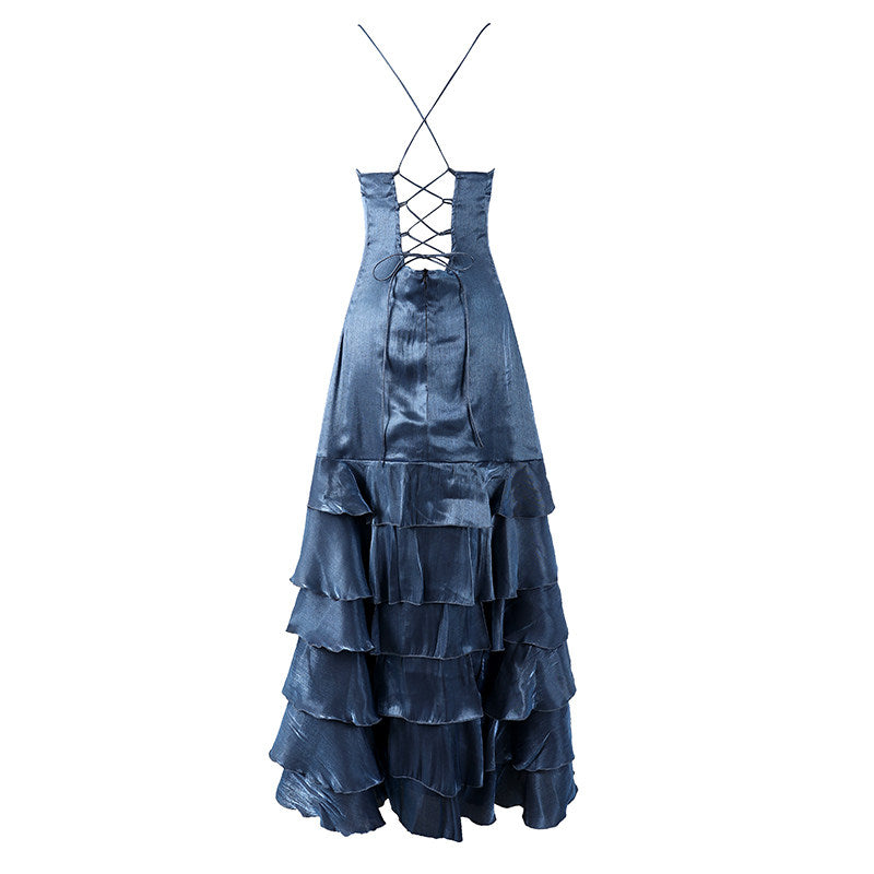 Romantic High Slit Satin V-Neck A-Line Maxi Skirt Elegant Navy Blue Layered Ruffle Hem Long Dress AP6561