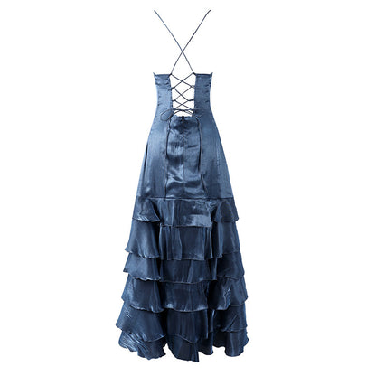 Romantic High Slit Satin V-Neck A-Line Maxi Skirt Elegant Navy Blue Layered Ruffle Hem Long Dress AP6561