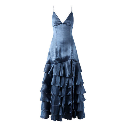 Romantic High Slit Satin V-Neck A-Line Maxi Skirt Elegant Navy Blue Layered Ruffle Hem Long Dress AP6561