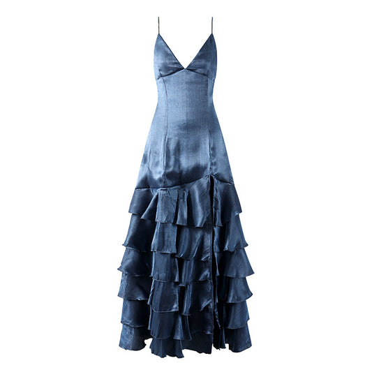 Romantic High Slit Satin V-Neck A-Line Maxi Skirt Elegant Navy Blue Layered Ruffle Hem Long Dress AP6561