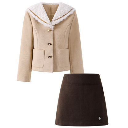 Fabulous Short Jacket Dark Brown Long Sleeve Mini Skirt Two Piece Elegant Taupe Wool Blend White Faux Fur Collar Gold Accents Short Dress AP6562