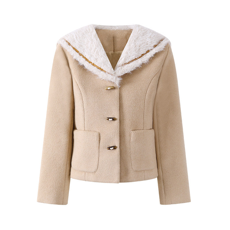 Fabulous Short Jacket Dark Brown Long Sleeve Mini Skirt Two Piece Elegant Taupe Wool Blend White Faux Fur Collar Gold Accents Short Dress AP6562