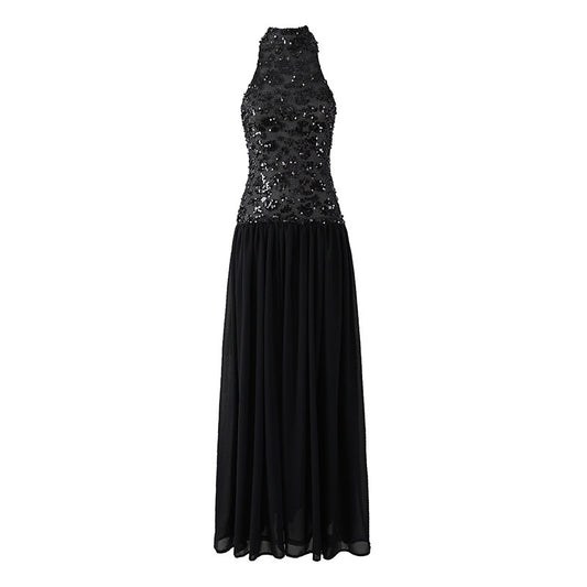 Chic Sequin Lace Top Halter Neck A-Line Maxi Dress Elegant Black Sleeveless Chiffon Long Dress AP6563