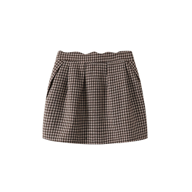 Luxurious Large Faux Fur Collar Brown Check Pleated Sheath Mini Skirt Elegant Off-White Short Jacket Ribbon Tie Front Short Dress AP6564