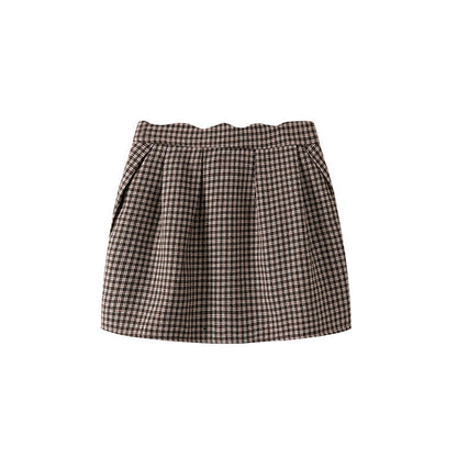 Luxurious Large Faux Fur Collar Brown Check Pleated Sheath Mini Skirt Elegant Off-White Short Jacket Ribbon Tie Front Short Dress AP6564