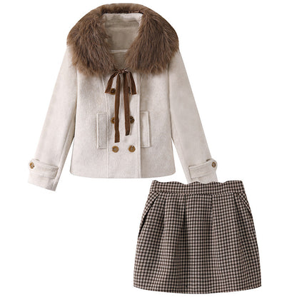 Luxurious Large Faux Fur Collar Brown Check Pleated Sheath Mini Skirt Elegant Off-White Short Jacket Ribbon Tie Front Short Dress AP6564