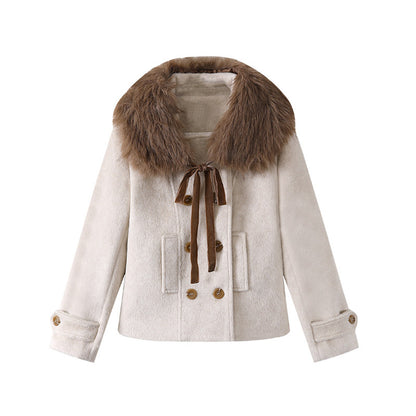 Luxurious Large Faux Fur Collar Brown Check Pleated Sheath Mini Skirt Elegant Off-White Short Jacket Ribbon Tie Front Short Dress AP6564