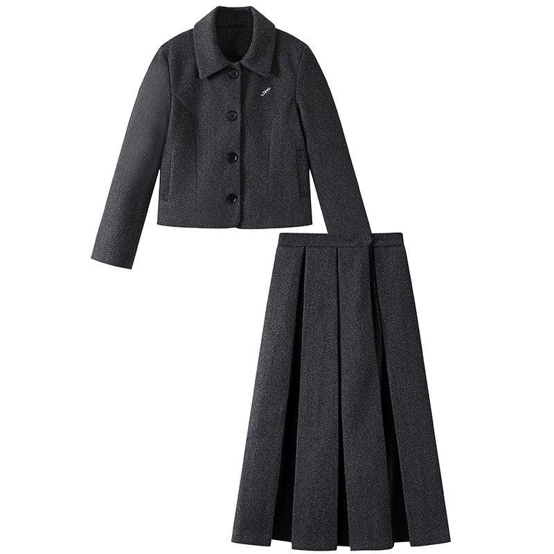 Graceful Button Front Lapel Collar A-Line Maxi Dress Simple Long Sleeve Charcoal Grey Jacket Pleated Midi Skirt Two Piece Long Dress AP6565