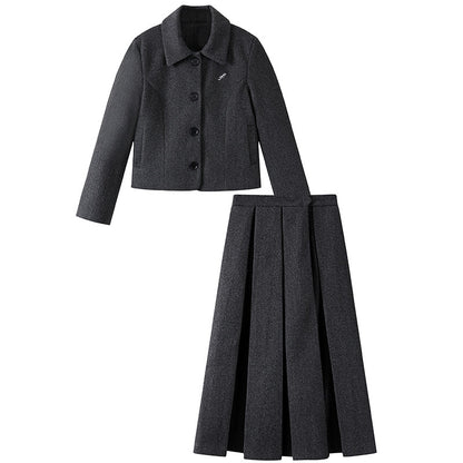 Graceful Button Front Lapel Collar A-Line Maxi Dress Simple Long Sleeve Charcoal Grey Jacket Pleated Midi Skirt Two Piece Long Dress AP6565