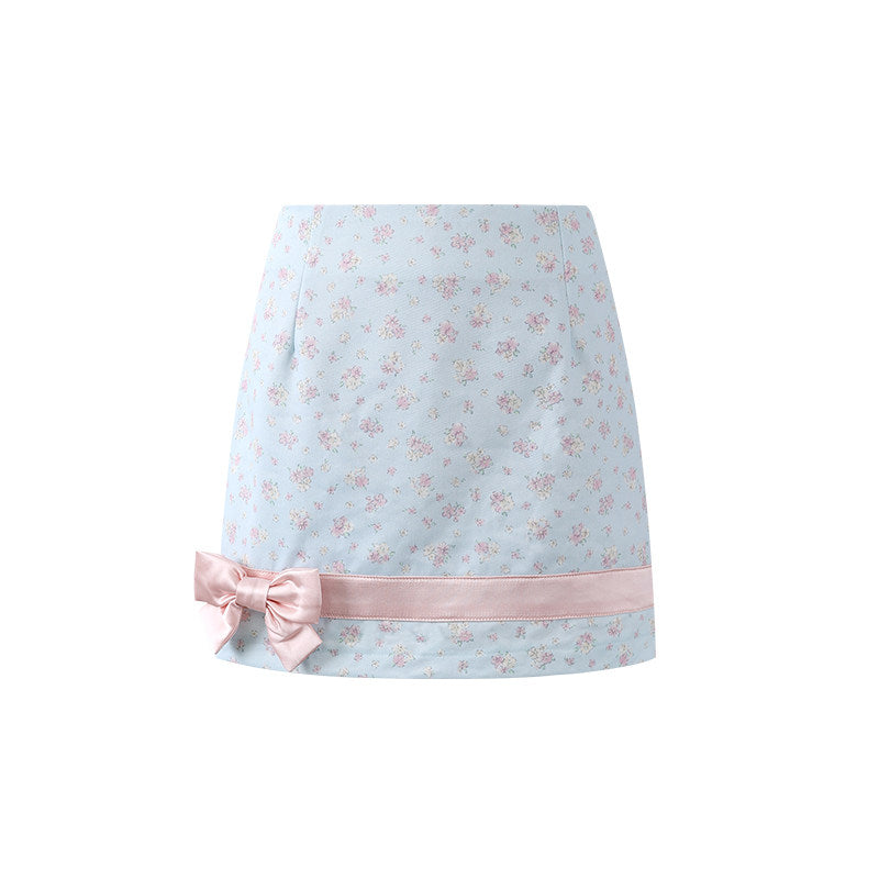 Elegant Lapel Neck Long Sleeve Jacket Sheath Mini Skirt Cute Light Blue Floral Pink Satin Bow Front Two Piece Short Dress AP6566