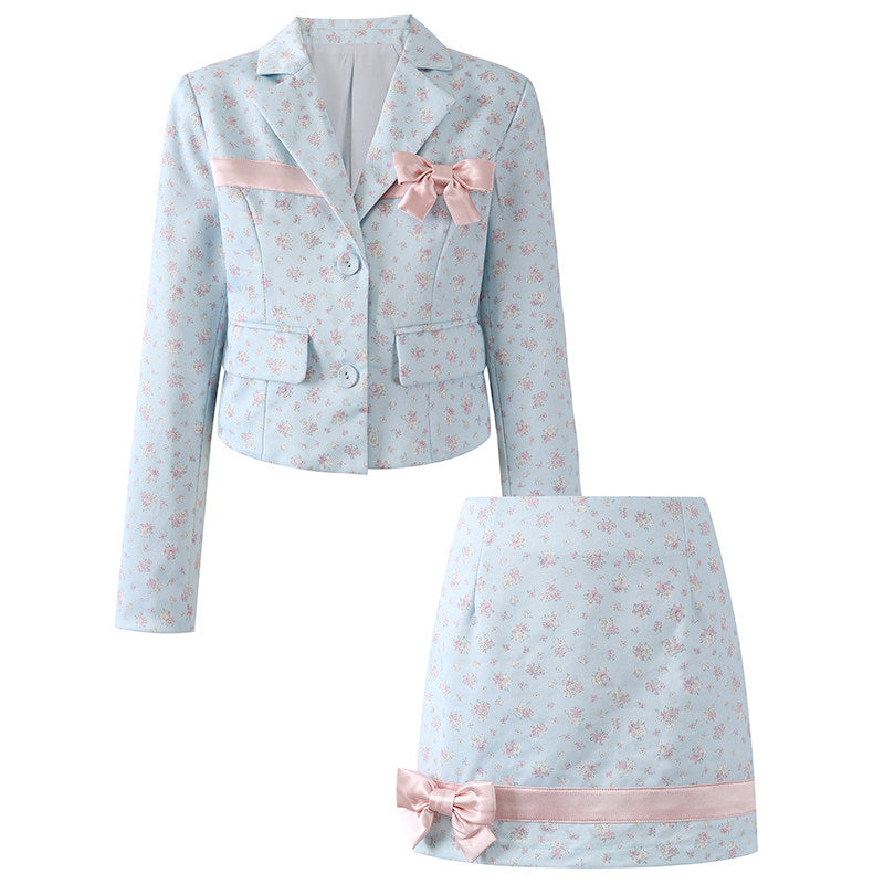 Elegant Lapel Neck Long Sleeve Jacket Sheath Mini Skirt Cute Light Blue Floral Pink Satin Bow Front Two Piece Short Dress AP6566