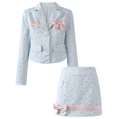Elegant Lapel Neck Long Sleeve Jacket Sheath Mini Skirt Cute Light Blue Floral Pink Satin Bow Front Two Piece Short Dress AP6566