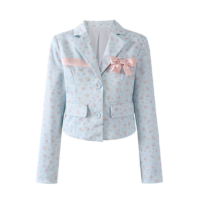 Elegant Lapel Neck Long Sleeve Jacket Sheath Mini Skirt Cute Light Blue Floral Pink Satin Bow Front Two Piece Short Dress AP6566