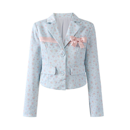 Elegant Lapel Neck Long Sleeve Jacket Sheath Mini Skirt Cute Light Blue Floral Pink Satin Bow Front Two Piece Short Dress AP6566