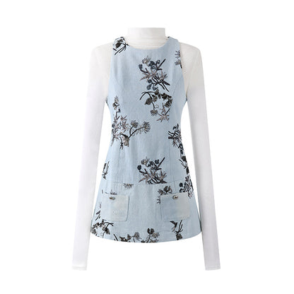 Classical Long Sleeve High Collar Lining A-Line Mini Skirt Cute Light Blue Denim Sleeveless Tunic Dress Floral Pocket Details Short Dress AP6567
