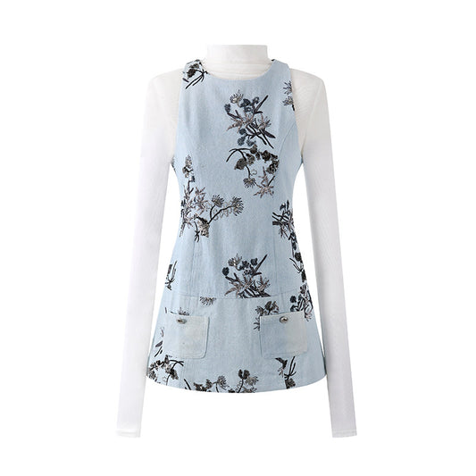 Classical Long Sleeve High Collar Lining A-Line Mini Skirt Cute Light Blue Denim Sleeveless Tunic Dress Floral Pocket Details Short Dress AP6567