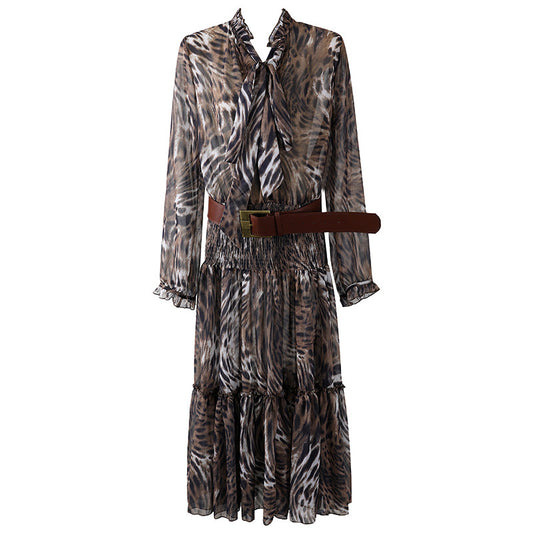 Fantastic Brown Leopard Print Chiffon A-Line Maxi Dress Trendy Lapel Neck Tie Long Sleeve Leather Belt Long Dress AP6568