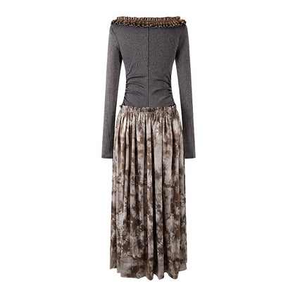 Sweet Ruched Long-Sleeve Top A-Line Maxi Dress Dark Grey V-Neck Tie-Dye Brown Ruffled Long Dress AP6569