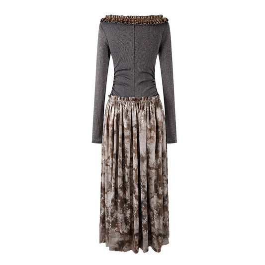 Sweet Ruched Long-Sleeve Top A-Line Maxi Dress Dark Grey V-Neck Tie-Dye Brown Ruffled Long Dress AP6569