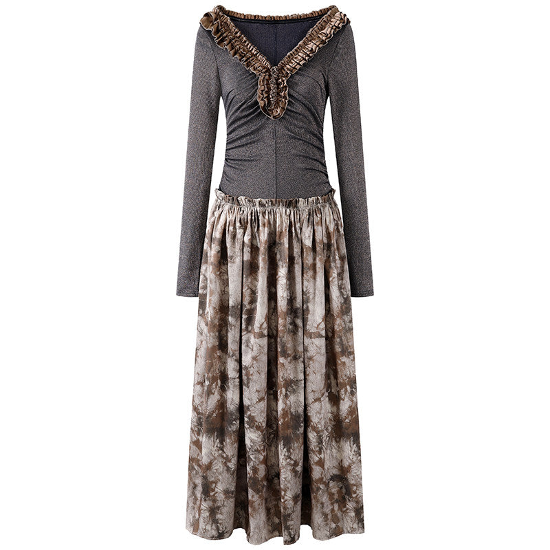 Sweet Ruched Long-Sleeve Top A-Line Maxi Dress Dark Grey V-Neck Tie-Dye Brown Ruffled Long Dress AP6569