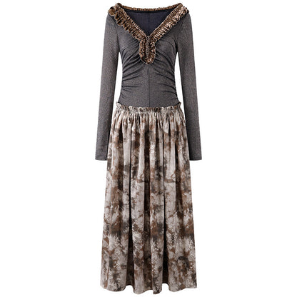 Sweet Ruched Long-Sleeve Top A-Line Maxi Dress Dark Grey V-Neck Tie-Dye Brown Ruffled Long Dress AP6569