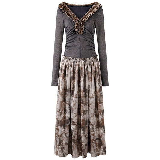 Sweet Ruched Long-Sleeve Top A-Line Maxi Dress Dark Grey V-Neck Tie-Dye Brown Ruffled Long Dress AP6569